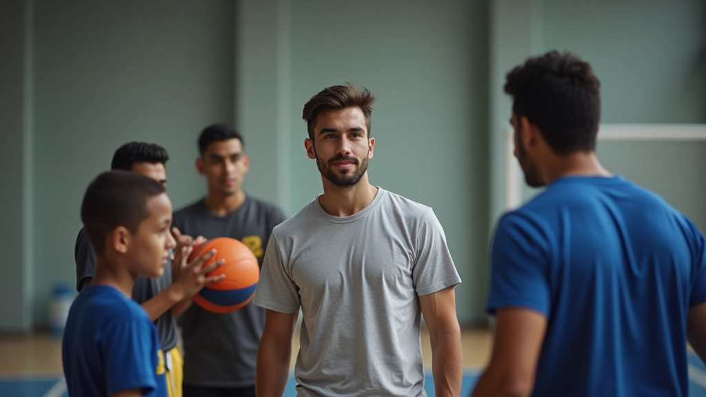 مدرب يعمل مع مجموعة من لاعبي كرة اليد الناشئين، قاعة تدريب مضاءة بشكل جيد، تركيز حاد
